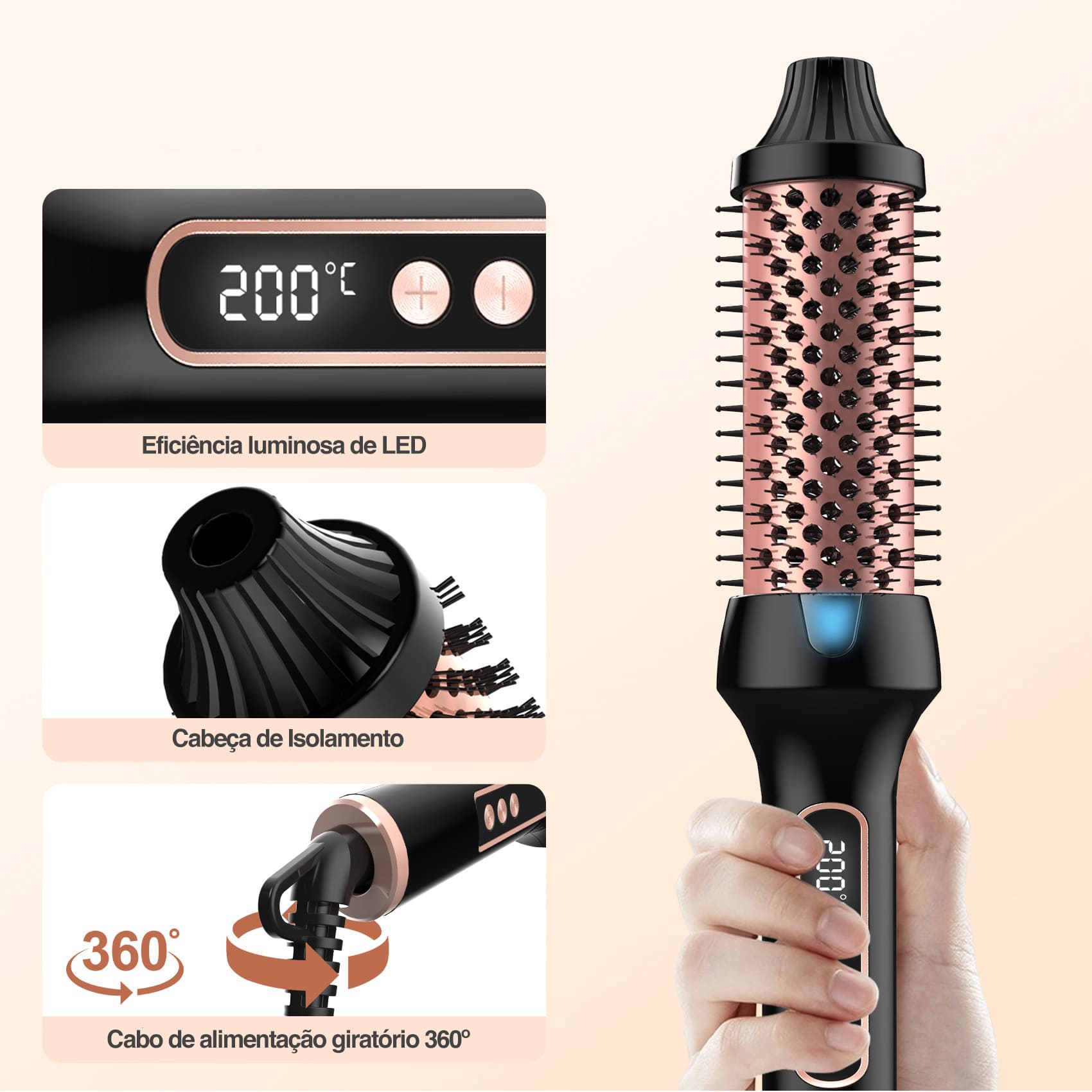 escova térmica íon negativo, escova térmica cerâmica turmalina, escova para cabelo seco e molhado, escova modeladora profissional, escova modeladora digital, escova modeladora bivolt, escova modeladora 3 em 1, escova com proteção térmica, escova com cabo giratório 360º, escova alisadora com desligamento automático, alisador e modelador de cabelo