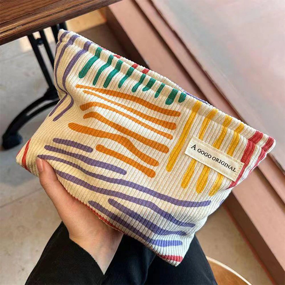 Bolsa cosmética de veludo com listras coloridas, portátil, para viagem, higiene pessoal, cuidados com a pele, artigos diversos, estética, armazenamento de maquiagem, A-DH