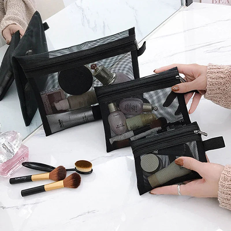 Nova malha transparente sacos de cosméticos pequeno grande claro preto saco de maquiagem portátil viagem organizador de higiene pessoal batom bolsa de armazenamento
