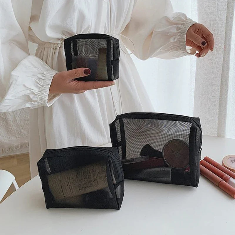 Nova malha transparente sacos de cosméticos pequeno grande claro preto saco de maquiagem portátil viagem organizador de higiene pessoal batom bolsa de armazenamento