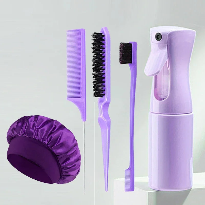 Conjunto de estilo de cabelo de 5 peças: inclui frasco de spray de cabelo, pente de cauda de rato para dormir, pente de seccionamento e escova de borda, salão de beleza
