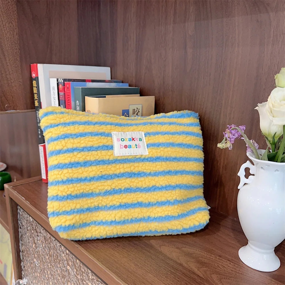 Novo colorido listrado ponto de pelúcia embreagem saco cosmético grande capacidade bolsa de maquiagem saco de higiene pessoal viagem ao ar livre armazenamento de maquiagem