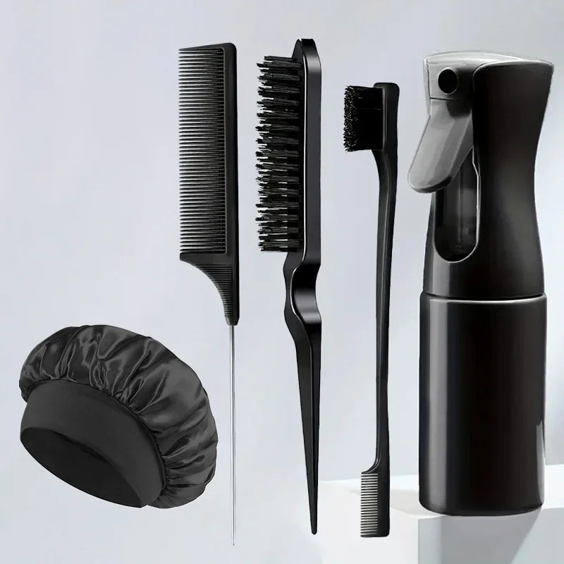 Conjunto de estilo de cabelo de 5 peças: inclui frasco de spray de cabelo, pente de cauda de rato para dormir, pente de seccionamento e escova de borda, salão de beleza