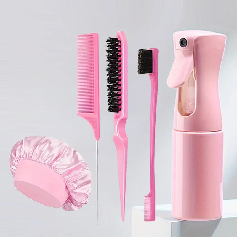 Conjunto de estilo de cabelo de 5 peças: inclui frasco de spray de cabelo, pente de cauda de rato para dormir, pente de seccionamento e escova de borda, salão de beleza