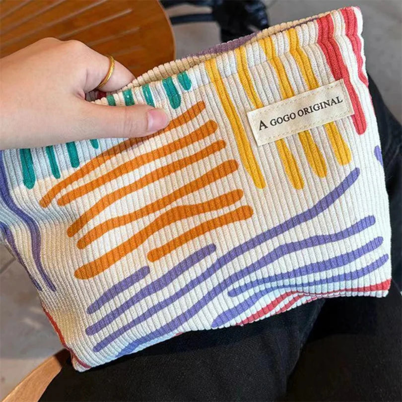 Bolsa cosmética de veludo com listras coloridas, portátil, para viagem, higiene pessoal, cuidados com a pele, artigos diversos, estética, armazenamento de maquiagem, A-DH