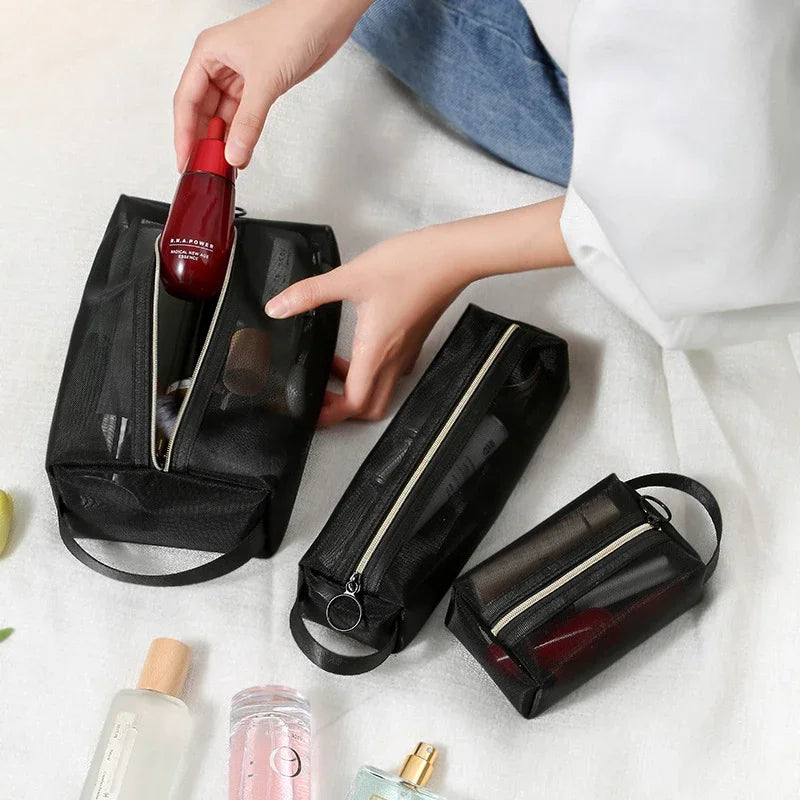 Nova malha transparente sacos de cosméticos pequeno grande claro preto saco de maquiagem portátil viagem organizador de higiene pessoal batom bolsa de armazenamento