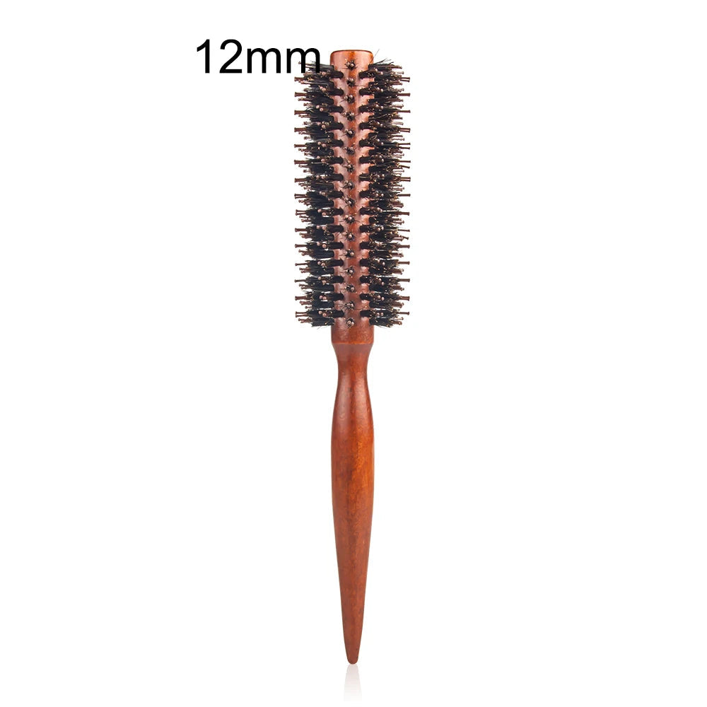 Escova de rolamento redonda com cabo de madeira, 12 estilos, sarja reta, pente de cabelo, cerdas de javali, barril redondo, escova de ondulação de cabelo, ferramenta de cabeleireiro