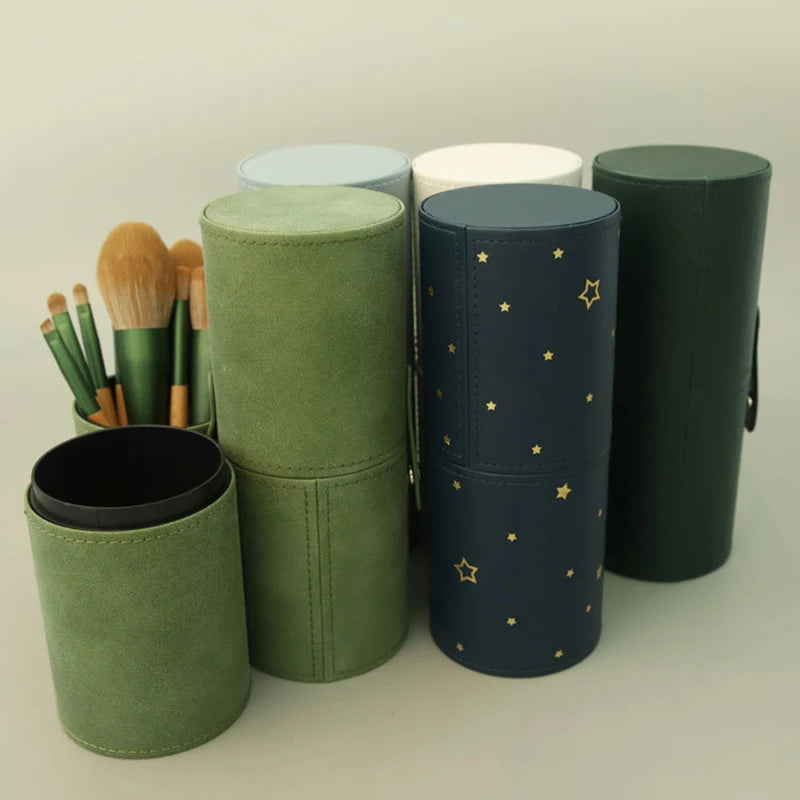 Balde de pincel de maquiagem de couro pu portátil bolsa de cosméticos de viagem multifuncional à prova de poeira cilindro de pincel de maquiagem à prova d'água
