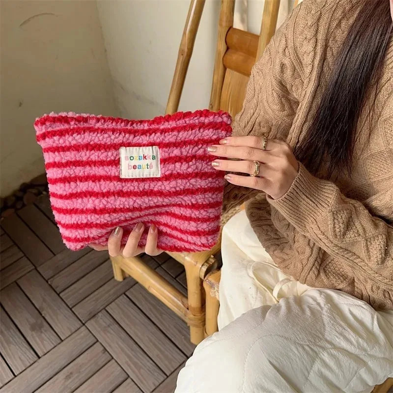 Novo colorido listrado ponto de pelúcia embreagem saco cosmético grande capacidade bolsa de maquiagem saco de higiene pessoal viagem ao ar livre armazenamento de maquiagem