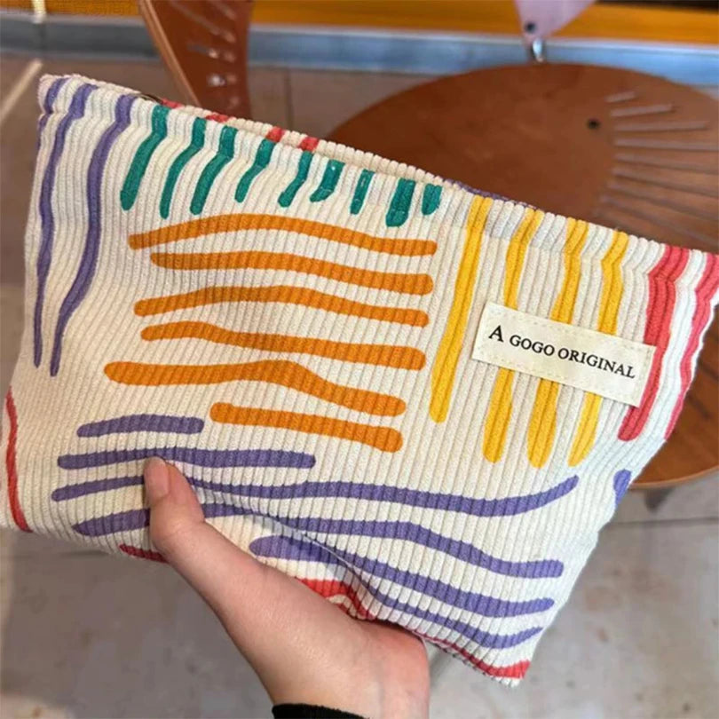 Bolsa cosmética de veludo com listras coloridas, portátil, para viagem, higiene pessoal, cuidados com a pele, artigos diversos, estética, armazenamento de maquiagem, A-DH