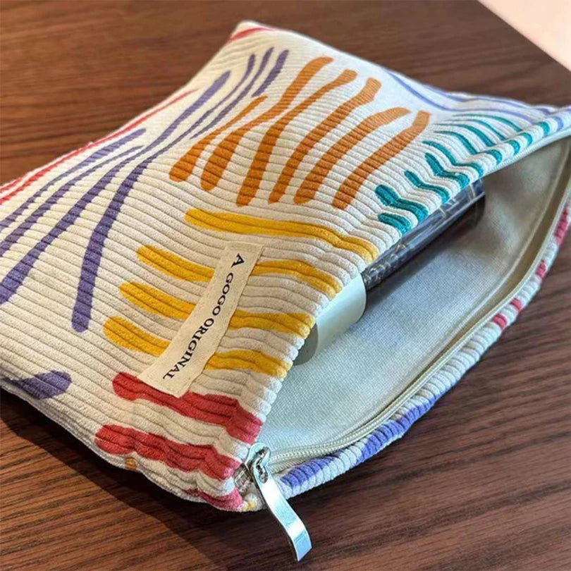 Bolsa cosmética de veludo com listras coloridas, portátil, para viagem, higiene pessoal, cuidados com a pele, artigos diversos, estética, armazenamento de maquiagem, A-DH